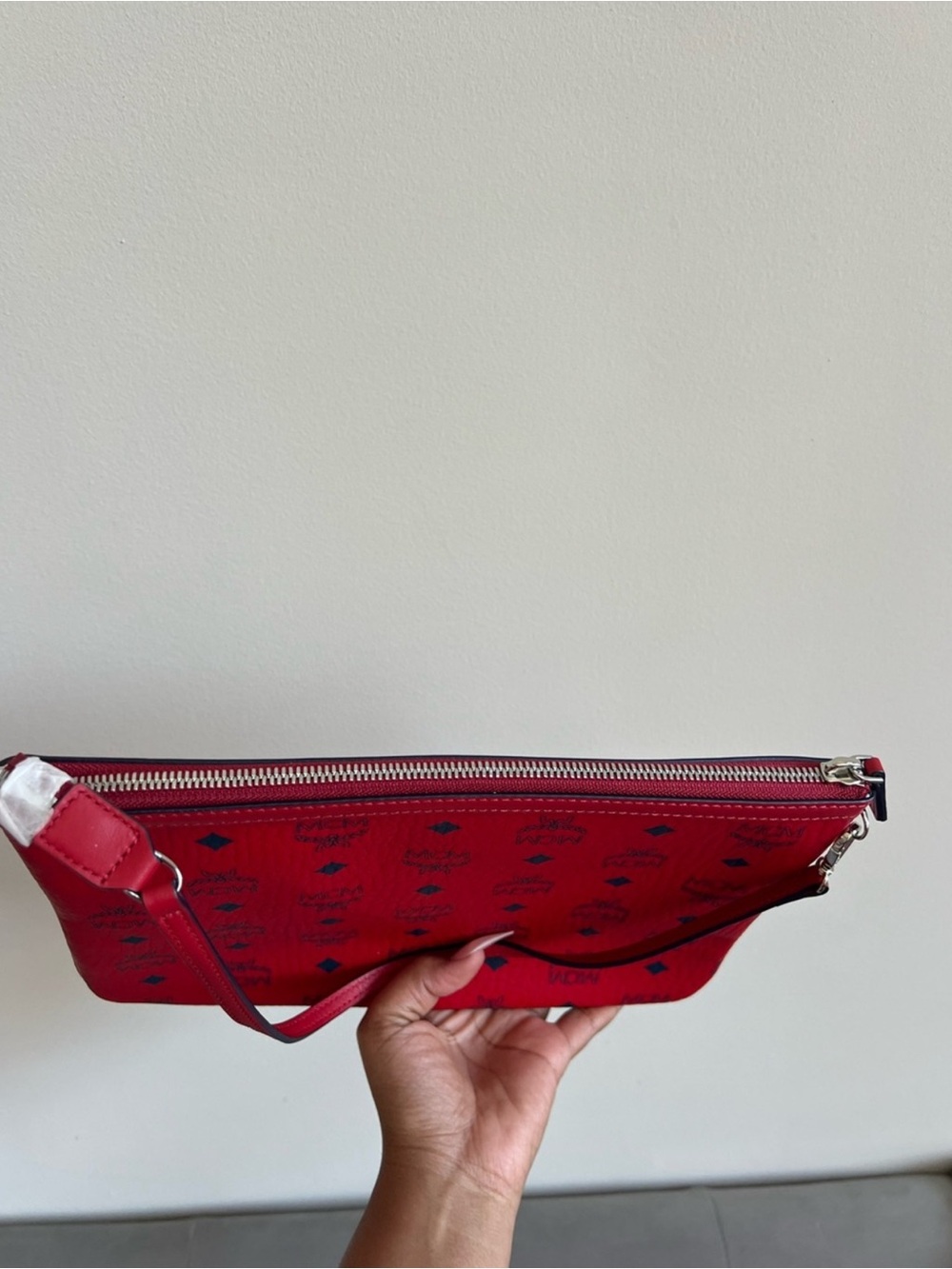 MCM Red Logo Print Leather Wristlet with Navy Accents - Picture 3 of 7
